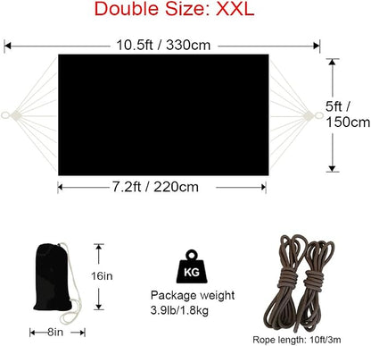GOCAN Double Hammock 2 Person Extra Large 330X150cm Load Capacity 600Pound Canvas Cotton Hammock for Patio Porch Garden Backyard Lounging Outdoor and Indoor XXL(Black)
