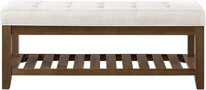 24KF Large Rectangular Upholstered Tufted Linen Ottoman Bench, Padded Bench with Solid Wood Shelf-Ivory