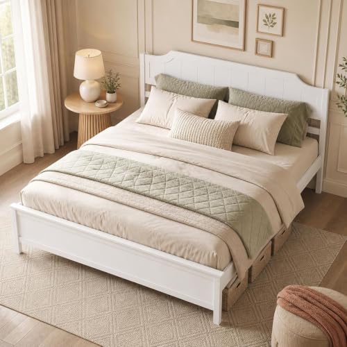 KOMFOTT King Size Bed Frame with Headboard, Wood Platform Bed (White)