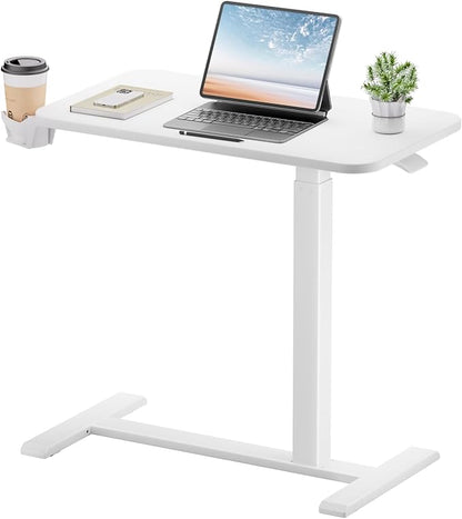 GTPLAYER Small Standing Desk with Hidden Wheels, Pneumatic Mobile Rolling Laptop Desk, Adjustable Height Overbed Bedside Table Computer Workstation for Home Office (28" W x 16" D, White)