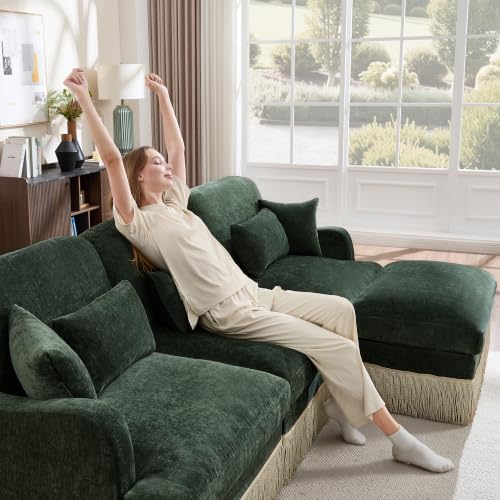 69.2" L Shaped Modular Loveseat Sofa with Ottoman, Forest Green Chenille Couch with Tassel Trim, Deep Seat Upholstered Sectional for Living Room, Apartment and Cozy Lounge Seating