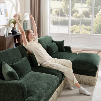 69.2" L Shaped Modular Loveseat Sofa with Ottoman, Forest Green Chenille Couch with Tassel Trim, Deep Seat Upholstered Sectional for Living Room, Apartment and Cozy Lounge Seating