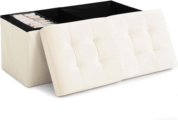 HAUSFRAU 31.5 Inches Ottoman with Storage Bench, Folding Ottoman Bench Small Foot Rest Stool, Bedroom Bench with Flipping Lid, Velvet Cream