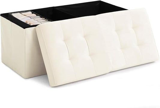 HAUSFRAU 31.5 Inches Ottoman with Storage Bench, Folding Ottoman Bench Small Foot Rest Stool, Bedroom Bench with Flipping Lid, Velvet Cream