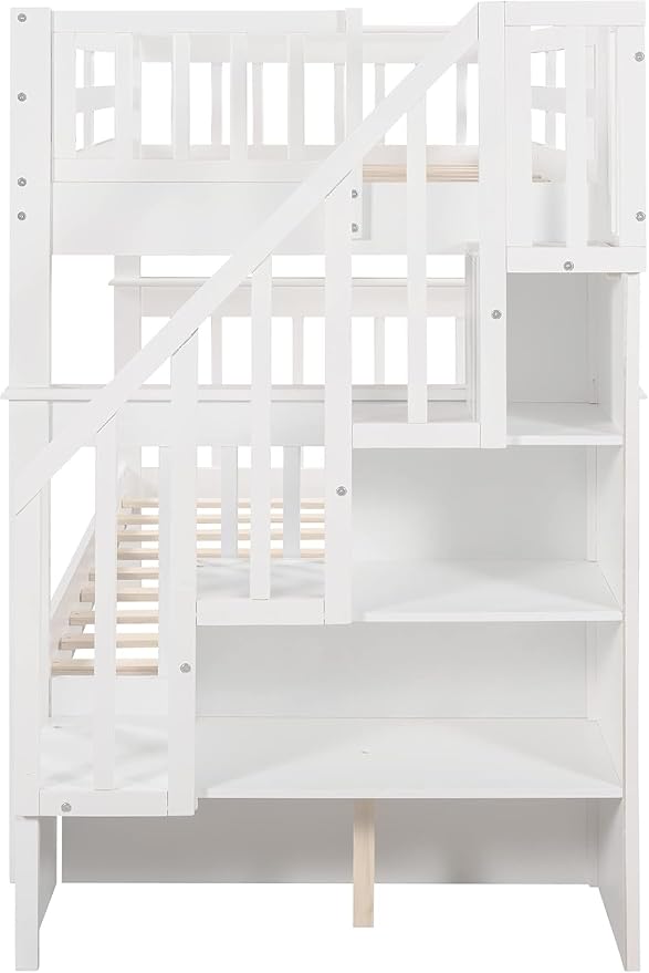 MERITLINE Twin Over Twin Bunk Bed with Storage Staircase, Solid Wood Stairway Convertible Bunk Bed with Stairs (Twin Over Twin,White)