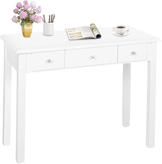 STHOUYN Small White Writing Desk with Drawers, Vanity Table for Bedroom | Small Farmhouse Makeup Vanity Desk No Mirror, Adult/Student Writing Desk with Drawers for Small Spaces, Home Office, Study