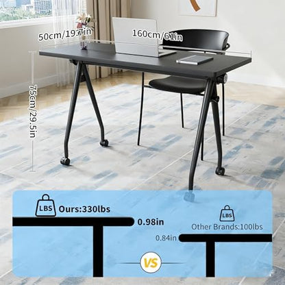 Folding Conference Table, Conference Room Tables with Wheels Foldable Large Rectangle Meeting Seminar Table for 6-12 People, Flip Top Mobile Training Table for Office Classr (4, Black 3, 61in)