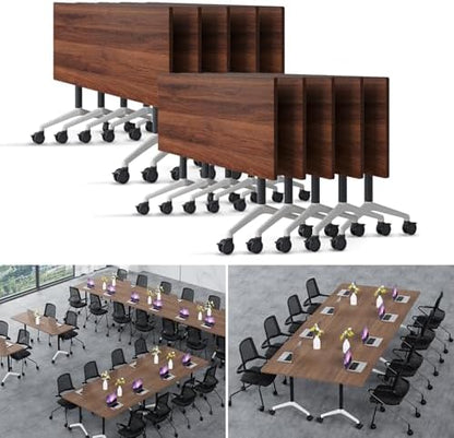 Folding Conference Table Modern Large Mobile Meeting Table Rolling Conference Room Tables with Wheels Seminar Tables for Office Training Classroom (10, Walnut, 55" D X 23.6" W X 29.5" H)