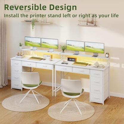 Somdot Computer Desk with Power Outlet and LED Lights, Desk with 6 Drawers