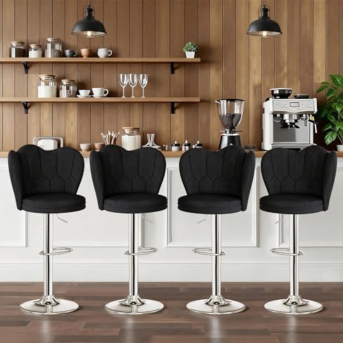 VECELO Bar Stools Set of 2, Adjustable Barstools with Back, Velvet Armless Counter Height Stool Kitchen Island Stool Swivel Bar Chairs for Pub Dining Room Living Room, Black