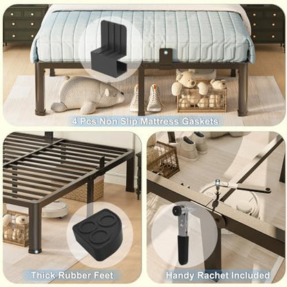 Yitong Angel 10 inch Queen Bed Frame with Round Corner Legs Mattress Slide Stopper,Low Profile Heavy Duty Metal Platform,Steel Slats Support,No Box Spring Needed,Easy Assembly,Noise Free