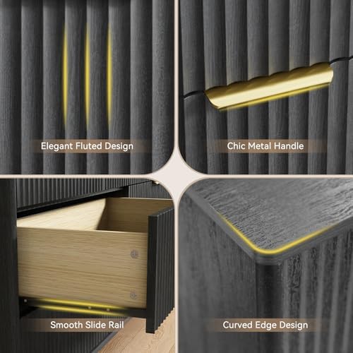 CARPETNAL Fluted 7 Drawer Dresser for Bedroom, 55" Wide Wooden Chest of Drawers with Rounded Corners, Gold Handles, Modern Storage Organizer for Bedroom, Hallway(Black)