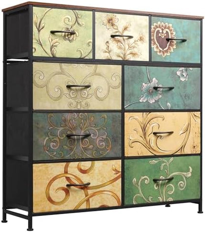 WLIVE Tall Dresser for Bedroom, 9 Drawer Chest of Drawers, Floral