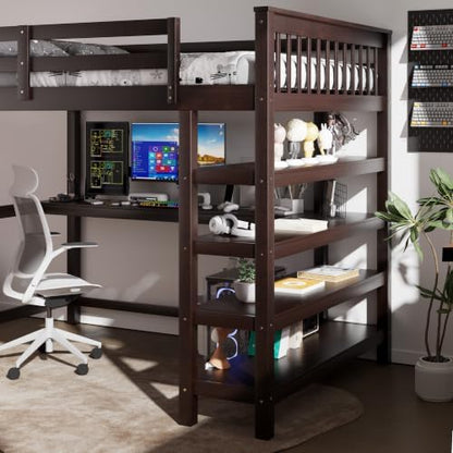Merax Wood Loft Bed, Loft Bed with Storage Shelves and Under-Bed Desk Solid Wood Bed,Full Size, Espresso Color