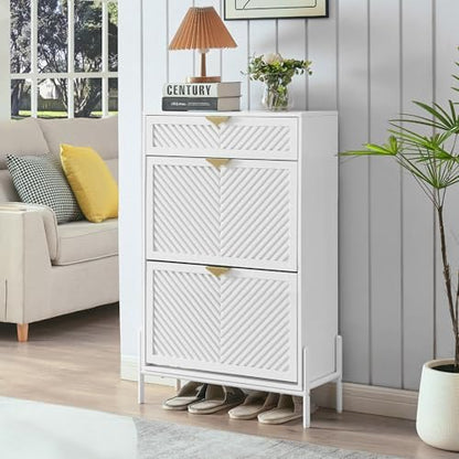 Shoe Cabinet with 2 Flip Drawers, Narrow Entryway Rack, White