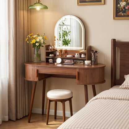 Oval Fluted Vanity Desk with Mirror and Lights, 43" Small Wood Makeup Table