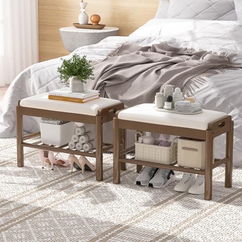 Shoe Storage Bench with Cushion - 2 Tier Shoe Rack for Front Door Entrance, Wood Shoes Rack, Entryway Bench with Shoes Storage for Closet,Hallway,Bedroom&Living Room(Walnut, 23.6" W)