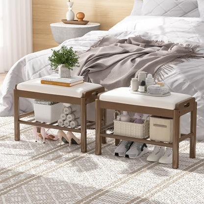 Shoe Storage Bench with Cushion - 2 Tier Shoe Rack for Front Door Entrance, Wood Shoes Rack, Entryway Bench with Shoes Storage for Closet,Hallway,Bedroom&Living Room(Walnut, 23.6" W)