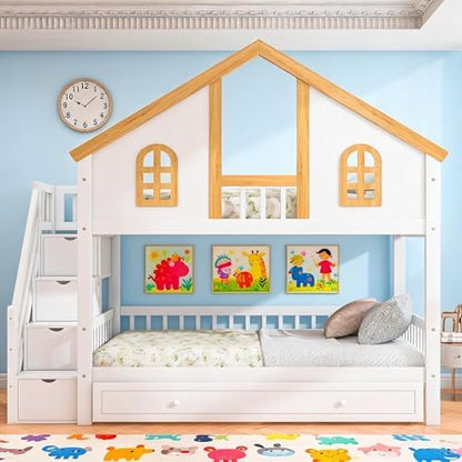 LUMISOL Twin Over Twin House Bunk Bed with Trundle, Solid Wood Bunk Bed with Stairs and Safety Guardrails, Twin Bunk Beds with Storage, White+Natural