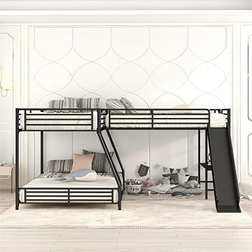 L-Shaped Twin Over Full Bunk Bed with Twin Size Loft Bed,Built-in Desk and Slide,Black