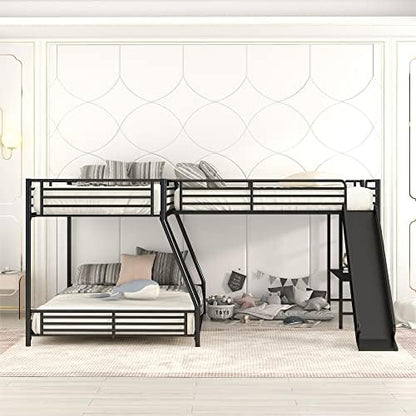 L-Shaped Twin Over Full Bunk Bed with Twin Size Loft Bed,Built-in Desk and Slide,Black