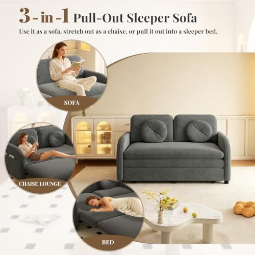 52.4" Full Size Sleeper Sofa Bed, 3-in-1 Pull Out Chenille Couch