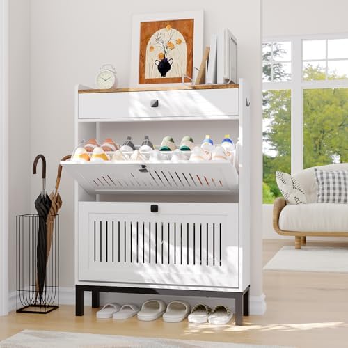IDEALHOUSE Shoe Cabinet with 2 Flip Drawers and 1 Top Drawer, White