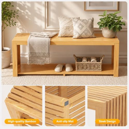 Bamboo Bench with Shelf, 35'' Entryway Bench Seat, Natural