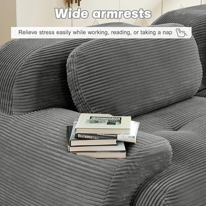 117" Corduroy Modern Sectional Couch, Boneless Couch, Compact sofa, Grey