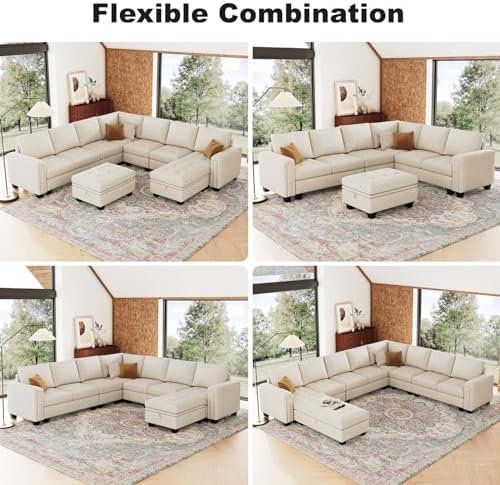 Belffin Modular Sectional Sofa U Shaped Sectional Couch with Storage Ottoman Velvet 9-Seater Convertible Sectional Sofa with Chaises Beige