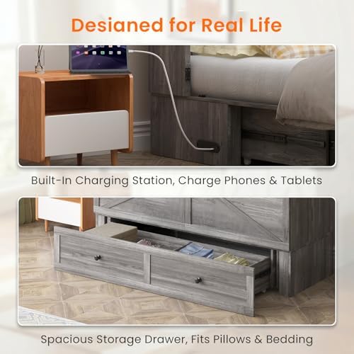 ijuicy Queen Murphy Bed Cabinet with Drawer & Charging Station,Grey