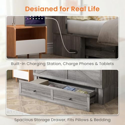 ijuicy Queen Murphy Bed Cabinet with Drawer & Charging Station,Grey