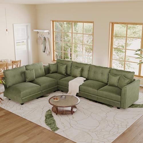 LLappuil Corduroy Modular Sofa Set, 6-Seater Reversible L-Shaped Sectional Couch with Storage, Soft Fabric for Cozy Living Room, Apartment, Included Back Cushions & Throw Pillows, Green