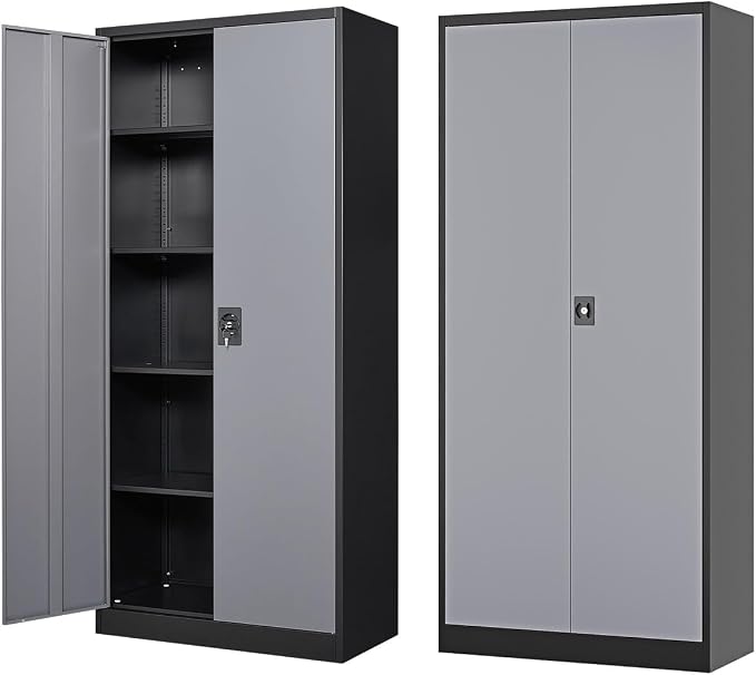 Fesbos Metal Storage Cabinet-72” Tall Steel File Cabinets with Lockable Doors and Adjustable Shelves-Black&Gray Steel Storage Cabinet for Kitchen, Office, Garage