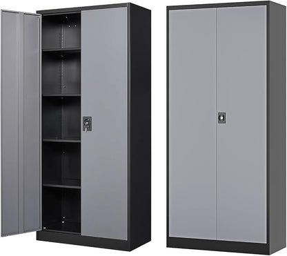 Fesbos Metal Storage Cabinet-72” Tall Steel File Cabinets with Lockable Doors and Adjustable Shelves-Black&Gray Steel Storage Cabinet for Kitchen, Office, Garage