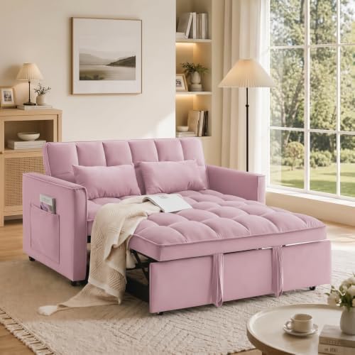 Sleeper Sofa Bed with Adjustable Backrest & Side Pockets, Pink