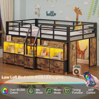Twin Low Loft Bed, 5 Drawers & 6 Bookcases, LED and Charging Station, Brown