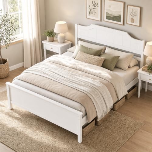 KOMFOTT Full Size Bed Frame with Headboard, Wood Platform Bed (White)