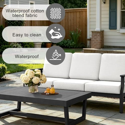 Pia Ricoo Outdoor Premium Teak Wood Couch with Armrests & Table, All‑Weather Outdoor Furniture for Backyard, Deck, Lawn, Beige/Dark