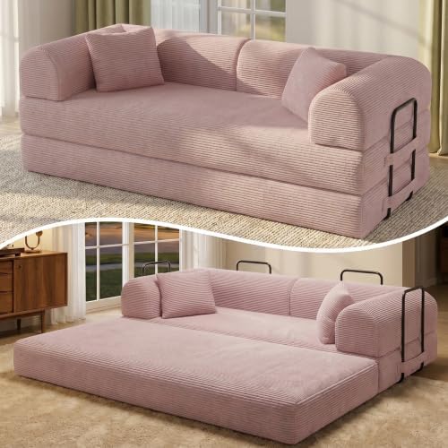 79" Convertible Futon Sofa Bed, Boneless Couch, Pink