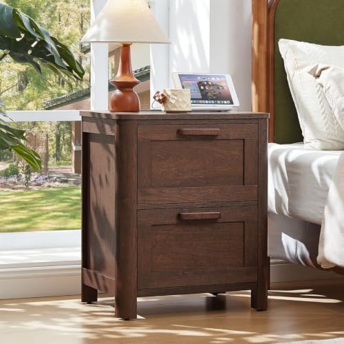 Joaxswe Farmhouse Nightstand Set of 2 with Charging Station, Walnut
