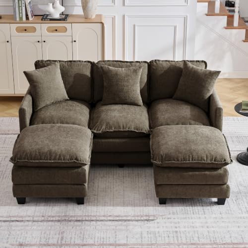 72'' Cloud 3 Seater Couch with 2 Ottomans, U Shaped Sofa with 3 Throw Pillows, Modern Sectional Couches with Deep Seat, Modular Sofas for Living Room, Bedroom, Small Apartment, Brown