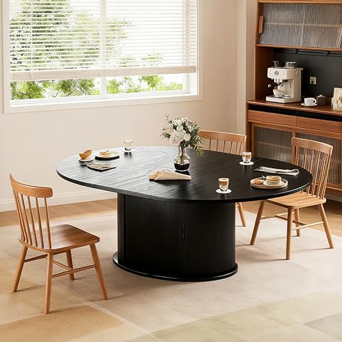 Extendable Round/Oval Dining Table Seats 2-4-6, 63" Modern Farmhouse Design with 2-Tier Storage & Fluted Slide Door, Dining Room Kitchen Furniture (Black, 63 inches)