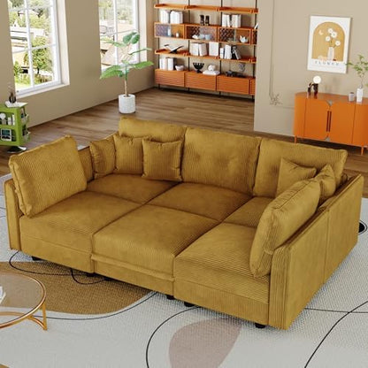 LLappuil Modular Sectional Sleeper Sofa with Storage, U Shaped 6-Seat Corduroy Couch with 5 Throw Pillows, Convertible Sofa Set for Living Room & Small Space, Skin-Friendly & Soft, Yellow