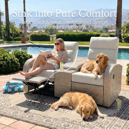 LayinSun Oversized 2 Pieces Wicker Outdoor Recliner Loveseat with Adjustable Backrest & Footrest, Patio Reclining Lounge Sofa