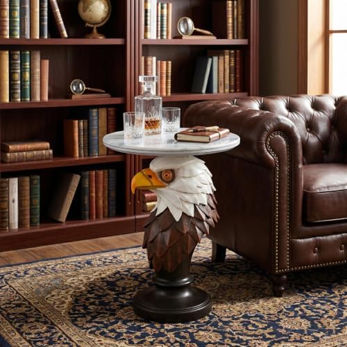Large American Eagle Pedestal Table - 25.59" Tall Majestic Bald Eagle End Table with Wide 19.69" Faux Marble Top, Premium Resin Statue Decor or Office Centerpiece, 26.46 LBS