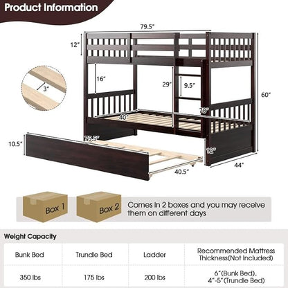 NAFORT Twin Over Full Bunk Bed with Trundle, Solid Wood Bunk Bed Frame, Ladder & Guardrails, Converts to 2 Platform Beds for Kids/Teens/Guests (Espresso, Twin Over Twin with Trundle)