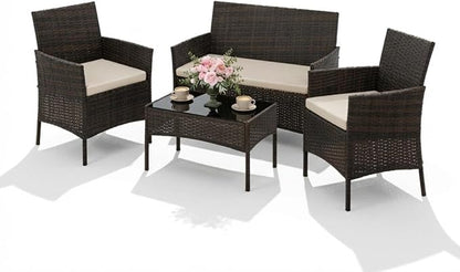 4PCS Outdoor Patio Bistro Set, PE Rattan Wicker Armchairs, Brown/Beige