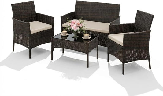 4PCS Outdoor Patio Bistro Set, PE Rattan Wicker Armchairs, Brown/Beige