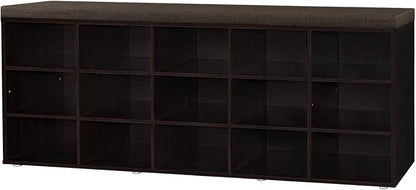 DINZI LVJ Shoe Storage Bench with Cushion, 15-Cubby Shoe Rack, Adjustable Shelves, Long Shoe Organizer Bench for Entryway, Mudroom, Hallway, Living Room, Bedroom and Garage, Espresso